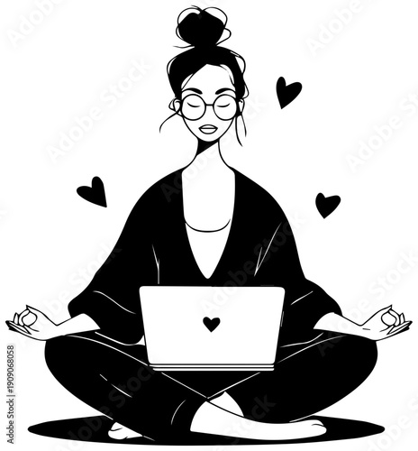 Woman meditates with laptop and hearts around her in a serene and peaceful atmosphere