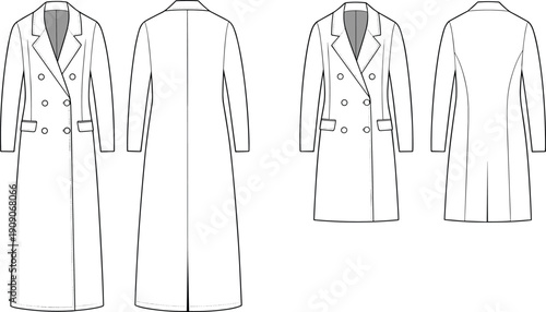 Double breasted long coat, tailored fit, lapel collar, button closure, flap pockets, classic outerwear, winter fashion, formal wear, CAD drawing, flat vector illustration