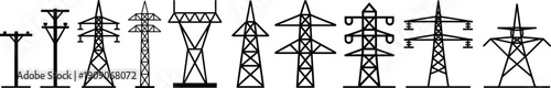 Different types of electric transmission towers, high voltage power line poles, utility structure icons, electricity pylon set, energy infrastructure illustration.