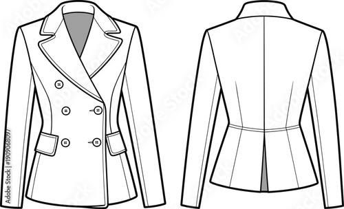 Double breasted blazer, women's formal jacket, flat fashion sketch, tailored coat vector, front and back view, technical fashion drawing