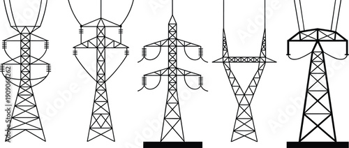Different types of high voltage electricity transmission towers, power line pylons, steel lattice structures, electrical infrastructure, energy distribution, electrical grid support towers