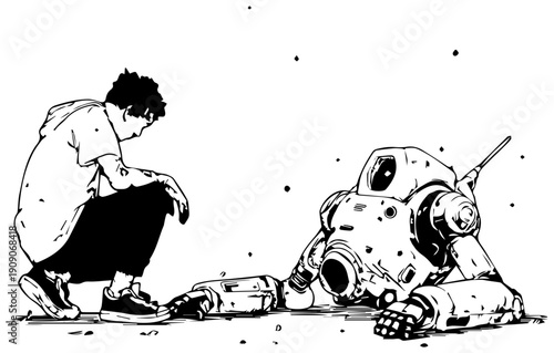 Person crouches beside broken robot on ground in notion style illustration