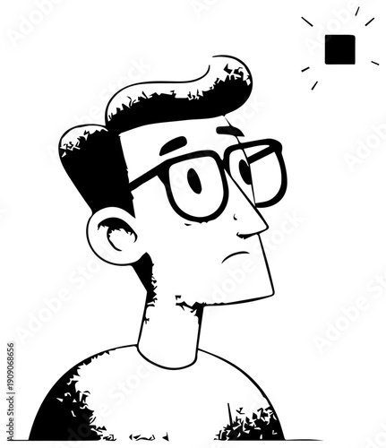 A man with glasses looks up at a light source with a thoughtful expression in a stylized illustration