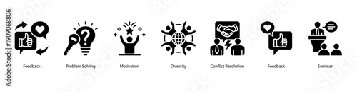 Workplace Motivation web banner vector illustration featuring Feedback, Problem Solving, Motivation, Diversity, Conflict Resolution, Feedback, and Seminar.