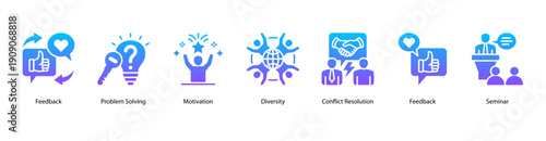 Workplace Motivation web banner vector illustration featuring Feedback, Problem Solving, Motivation, Diversity, Conflict Resolution, Feedback, and Seminar.