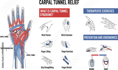 Carpal tunnel relief infographic with hand anatomy diagrams for therapeutic exercises wrist flexion stretches and ergonomic computer mouse prevention techniques