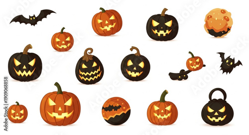 Collection of Halloween pumpkins and bats on white background.