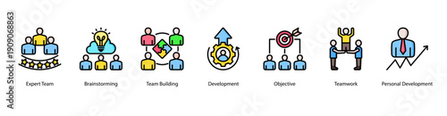 Team Development web banner vector illustration featuring Expert Team, Brainstorming, Team Building, Development, Objective, Teamwork, and Personal Development.