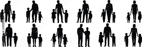 Diverse Family Silhouettes Collection: Parents and Children Together, Bonding, Childhood, Parenthood, Love, Care, Support, Generational Connection, Happy Moments, Growing Up, Community, Vector Graphic