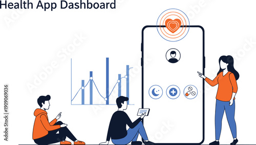 Health app dashboard illustration with medical staff analyzing patient heart rate data charts and medicine tracking on mobile smartphone interface for digital wellness