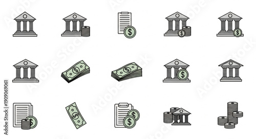 Collection of financial icons representing banking and money transactions.