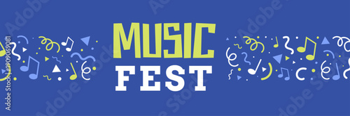 Music fest horizontal banner with musical notes and festive elements on blue background. Colorful vector illustration ideal for concerts, festivals and event promotion