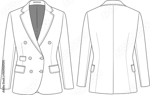 Double breasted women’s blazer flat sketch, tailored jacket vector drawing, fashion technical CAD, formal wear coat template, office style