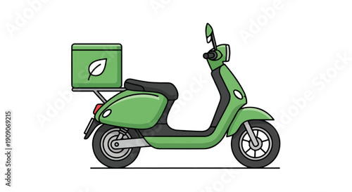 A green scooter with a delivery box on the back is ready for eco-friendly transportation