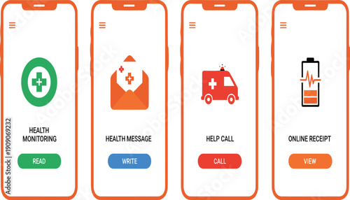 Modern mobile app user interface set featuring health monitoring messaging emergency help call and online digital receipt icons for healthcare smartphones