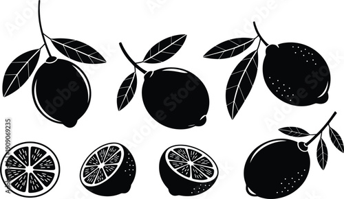 Set of black lemon silhouettes with leaves, and citrus fruit slices for organic food design