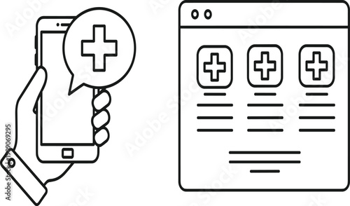 Modern smartphone telemedicine app with medical speech bubble and web browser healthcare service listings for digital online doctor consultation and telehealth technology