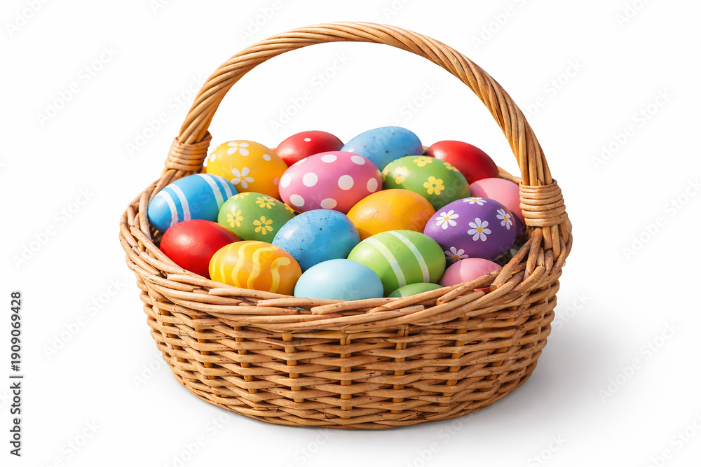 Fototapeta premium Basket of easter eggs on background with copy Space. Festive candy in studio