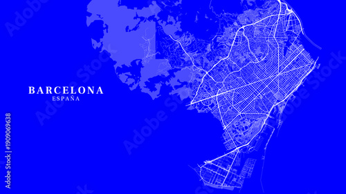 Blue blueprint map of Barcelona Spain with white lines on vibrant blue background