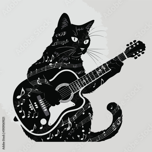 simple illustration of a black cat playing the guitar