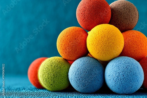 Colorful bath bombs arranged in a pyramid shape on a textured surface Generative AI
