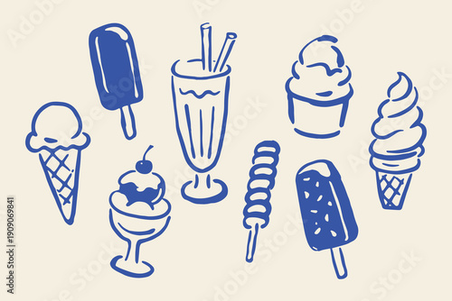 Ice cream desserts doodle line art vector illustration