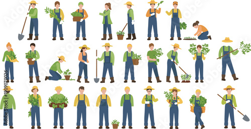  Diverse Set of Farmers Working in Gardens: Flat Vector Illustrations of Agricultural Workers, Gardeners, and Rural Life Activities for Sustainable Farming, Organic Produce, 