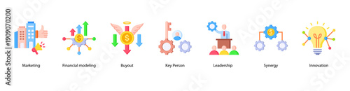 Financial Growth web banner icon vector illustration featuring Marketing, Financial modeling, Buyout, Key Person, Leadership, Synergy, and Innovation.