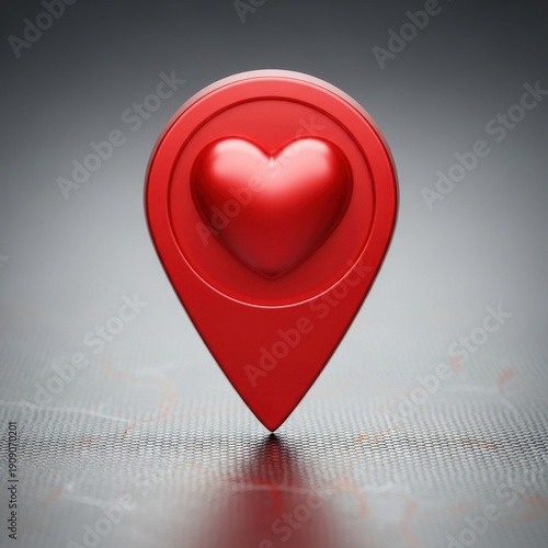 Red Heart-Shaped Pin Icon on Glossy Surface for Love and Location