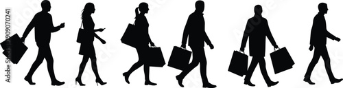 Diverse silhouettes of happy shoppers carrying bags, showcasing consumerism, retail therapy, and the joy of purchasing, ideal for advertising and marketing concepts, isolated on white