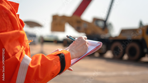 Quadro su tela An operation supervisor is writing on paper during perform safety audit at construction work site, with blurred background of heavy lifting operation