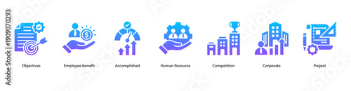Organizational Goals web banner icon vector illustration featuring Objectives, Employee benefit, Accomplished, Human Resource, Competition, Corporate, and Project.