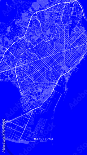 Blue blueprint poster map of Barcelona city streets layout in minimalist monochrome design
