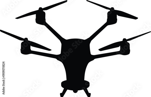 Black silhouette of quadcopter drone with four rotors, representing modern aerial technology for photography, surveillance, delivery services, and recreational flying stock illustrations.