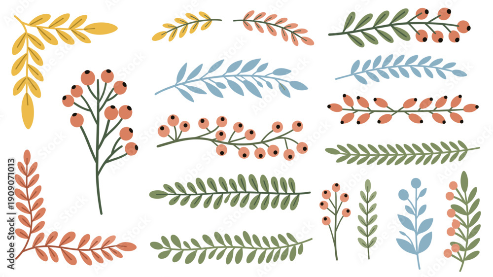 Fototapeta premium A vibrant collection of hand-drawn vector elements featuring various leaves, branches, and berries in autumnal colors, perfect for decorative designs.