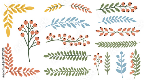 A vibrant collection of hand-drawn vector elements featuring various leaves, branches, and berries in autumnal colors, perfect for decorative designs.