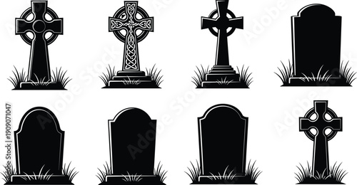 Cemetery gravestone and tombstone icon set with celtic crosses and memorial headstones in grass, cad drawing flat vector illustration