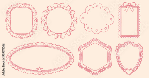 Coquette Aesthetic Frame Collection, Pastel Pink Ruffle and Bow Border Elements, Sweet Japanese Style Vector Decorative Icons.