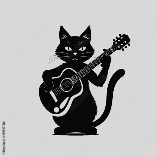 simple illustration of a black cat playing the guitar