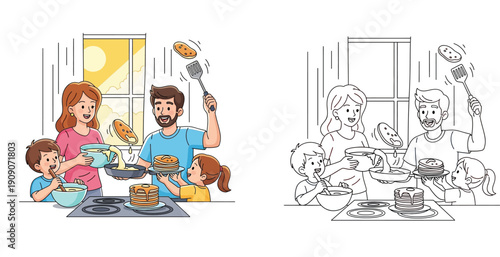 Happy family cooking pancakes together in kitchen vector illustration with black and white coloring page outline.
