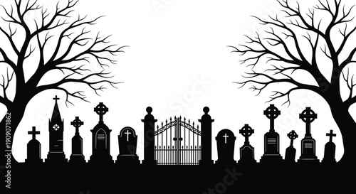 Cemetery silhouette with spooky trees gravestones and iron gates for halloween background scary graveyard landscape cad drawing flat vector illustration