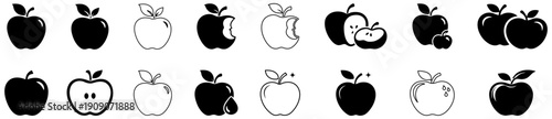 Apple icon set black and white solid outline editable collection. Apple fruit icons in solid and outline style. Simple apple symbols for apps and web. apple, fruit, healthy, vector, icon