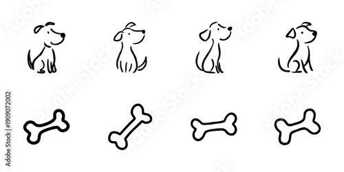 Cute Dog And Bone Line Icon Set In Doodle Style. Pet Care, Loyalty, And Playful Companionship Outline Sketch Collection. Hand Drawn Isolated Vector Illustration