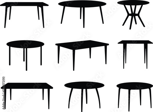 Black silhouettes of nine unique table designs featuring round and rectangular tops with varied leg styles, perfect for furniture design, interior graphics, and stock illustrations.