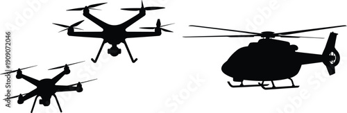 Black silhouettes of quadcopter drones and helicopter, contrasting modern unmanned aerial vehicles with traditional aircraft, ideal for aviation design, technology icons, and stock illustrations.