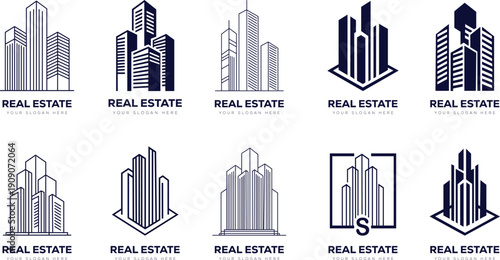 Collection of modern building logos and icons for real estate