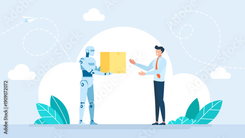 Humanoid robot handing a package to a man. Automation, AI delivery, robotics in logistics, services. Automated humanoid AI robot delivering a parcel. Technology logistics concept. Vector illustration
