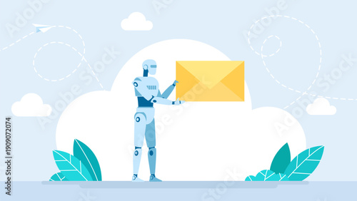 AI Robot holding mail envelope. A robot carrying and sending a package quickly. Artificial Intelligence, express delivery services. Smart courier. Future technology. Vector illustration