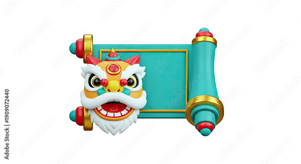 Fototapeta premium 3D Rendering of a Chinese Lion Dance Head and Scroll