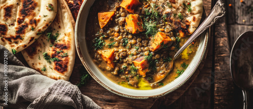 Hearty Lentil and Sweet Potato Stew with Naan Bread